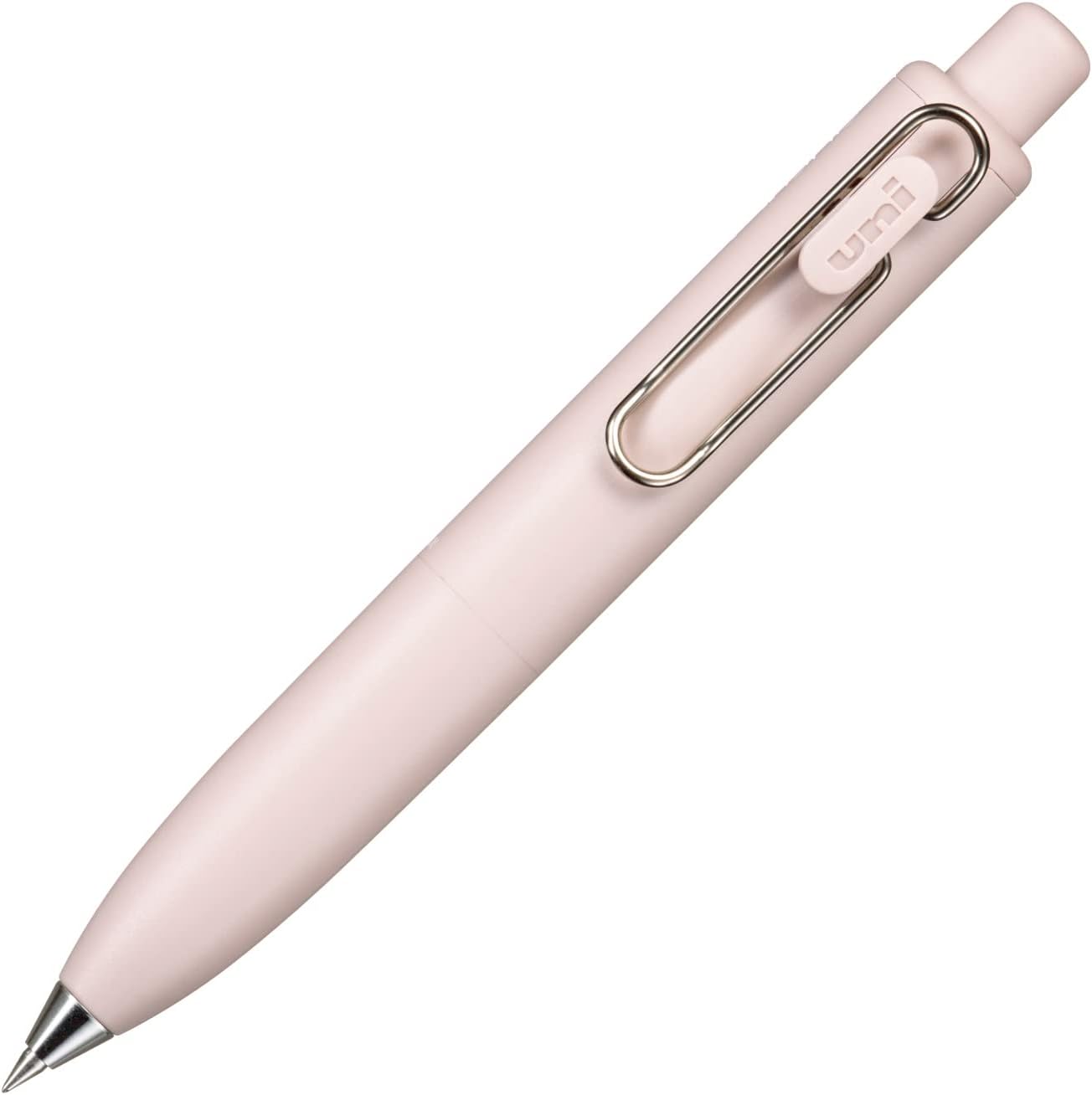 Pink pen with a metallic clip on a white background