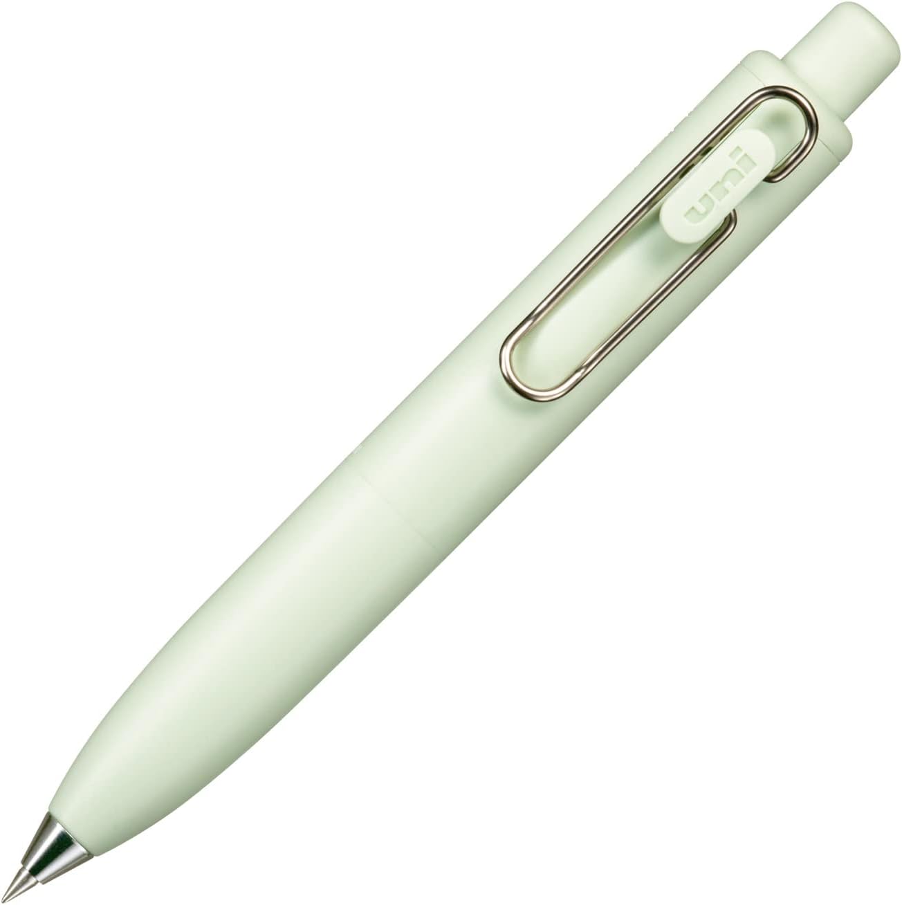 Light green pen with a metallic clip on a white background