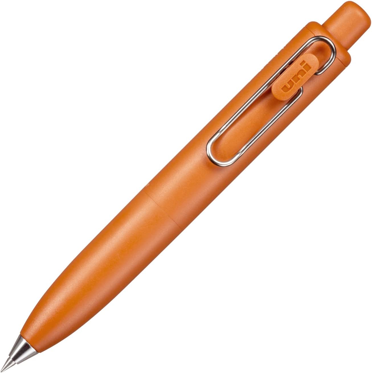 Orange pen with a metal clip on a white background