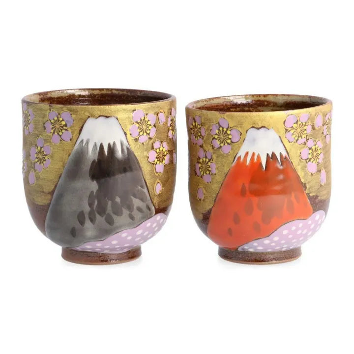 Two Japanese ceramic cups with Mt. Fuji, Golden Clouds & Sakura Design