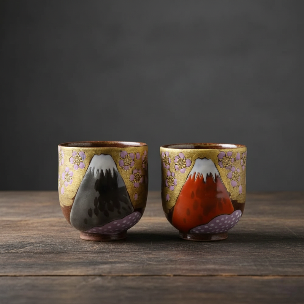 Kutani Ware Couple Teacups Set of 2 - Golden Clouds, Cherry Blossoms and Mt. Fuji Design