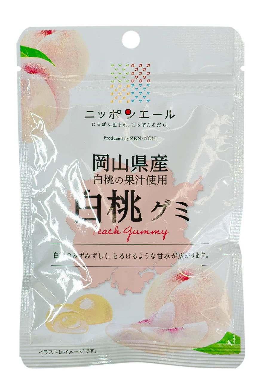 Peach gummy package with Japanese text and peach illustrations on a white background