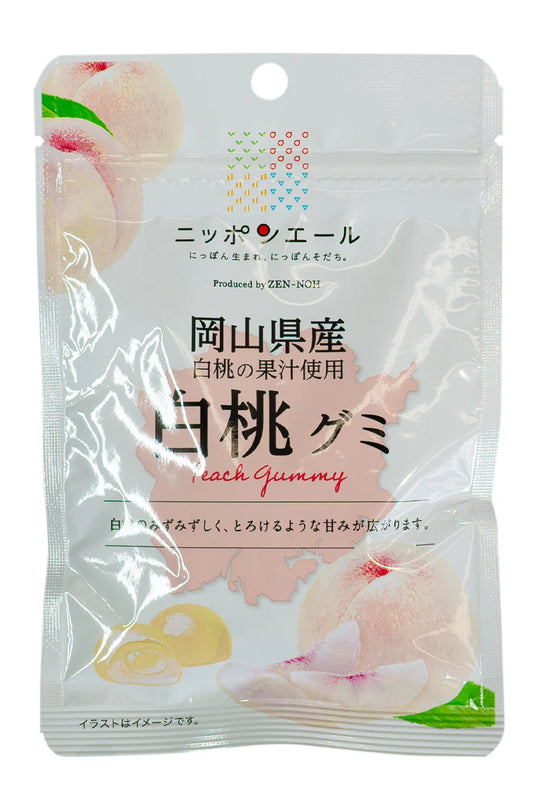 Peach gummy package with Japanese text and peach illustrations on a white background