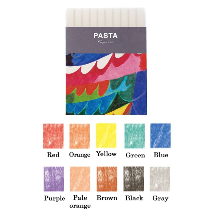 Packaging of colorful pasta with color swatches below on a white background