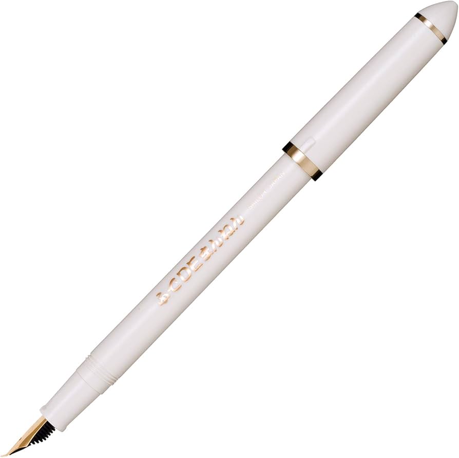 White pen with gold accents on a white background