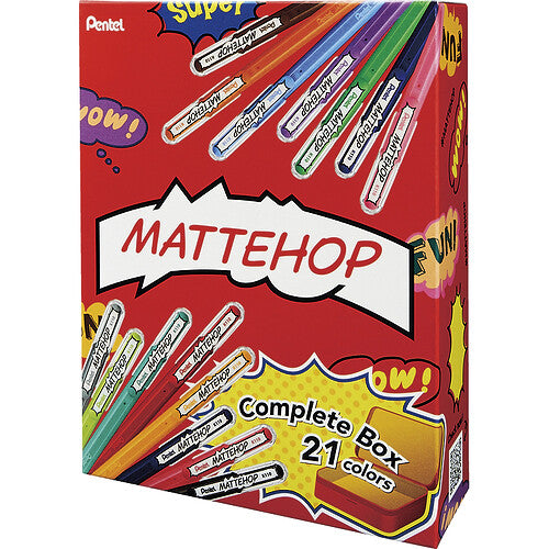 Box of Pentel Mattehop markers with colorful markers on a red background