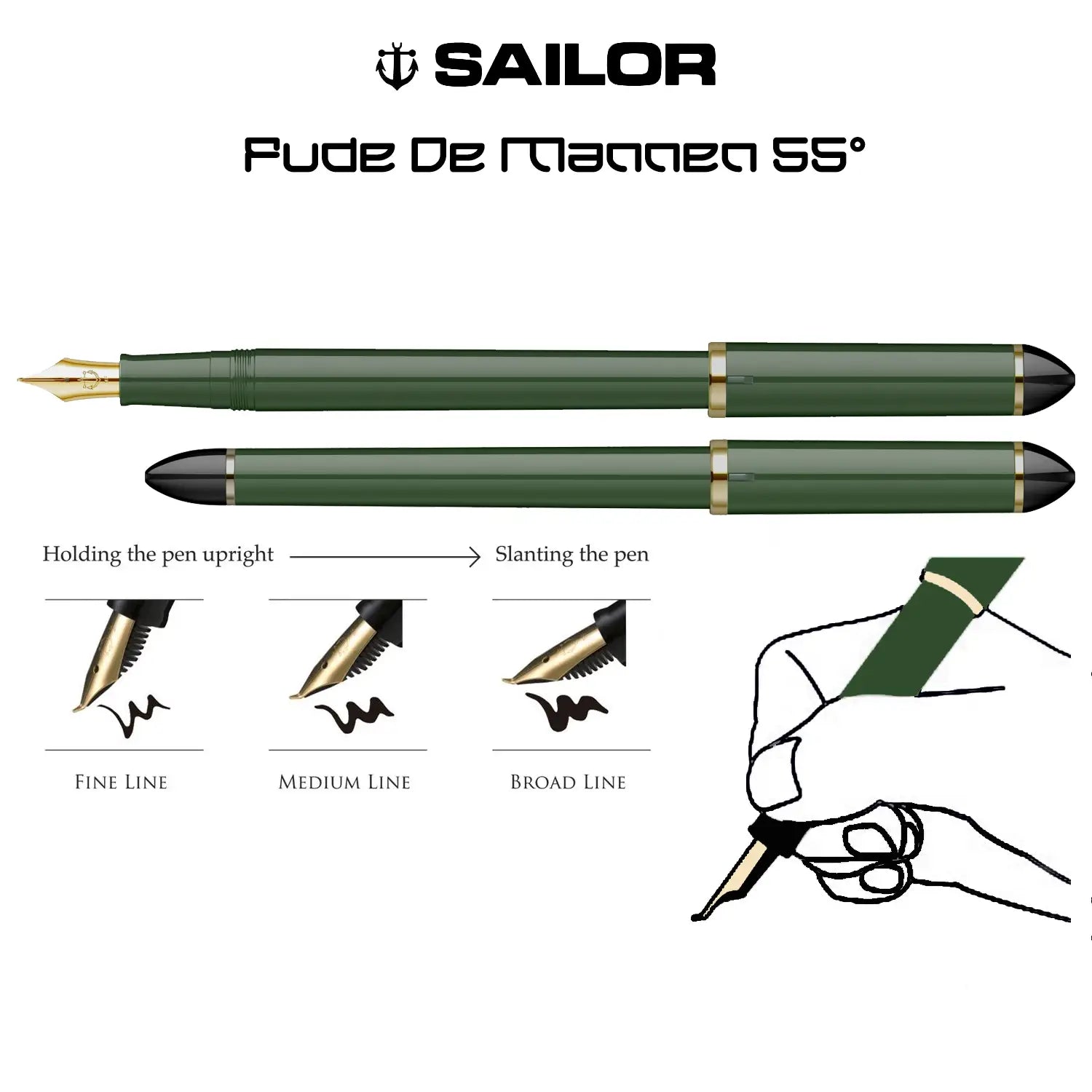 Sailor pen with demonstration of writing styles on a white background