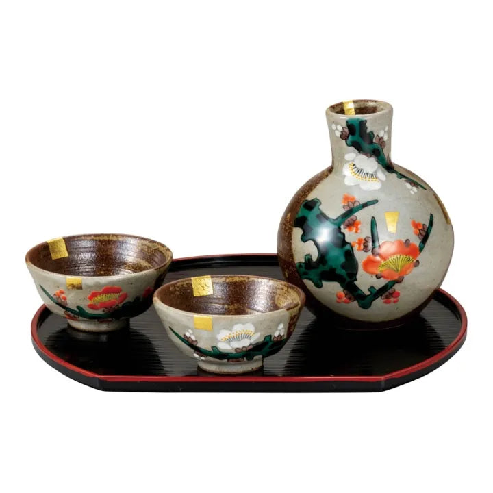Sake set with red & white plum blossom motifs, including 1 sake bottle (tokkuri) and 2 sake cups