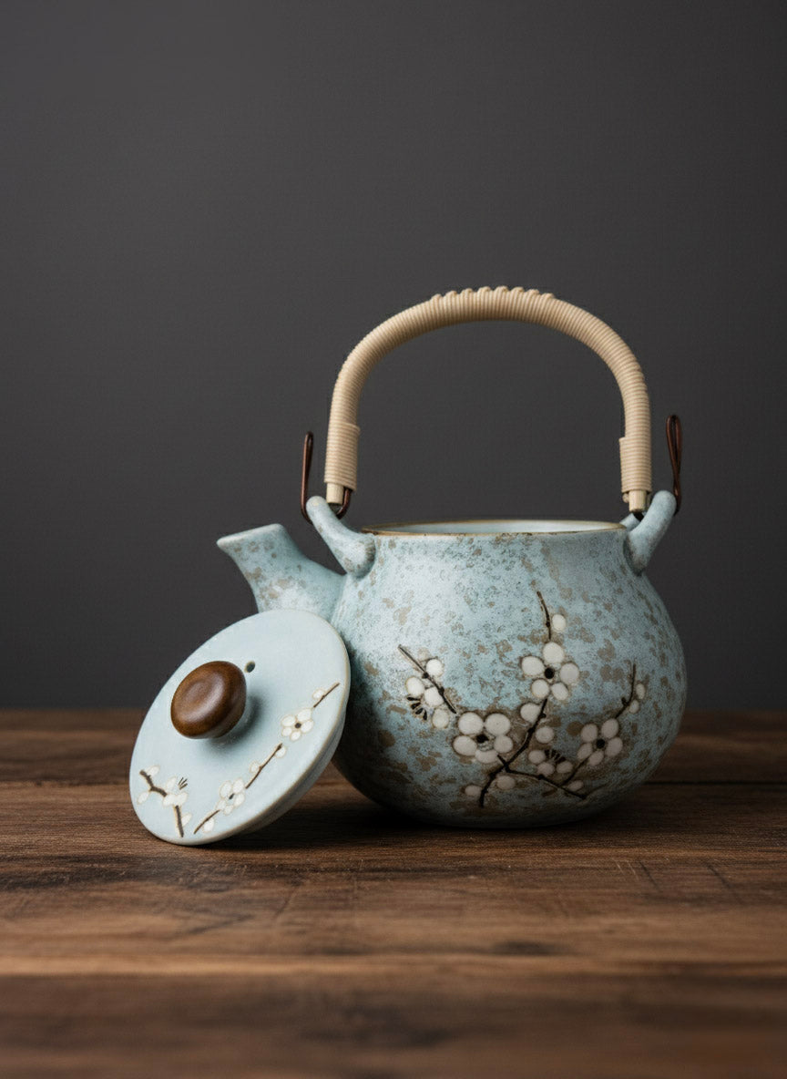 Ceramic teapot with floral design on a wooden surface against a dark background