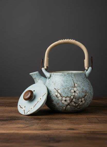 Ceramic teapot with floral design on a wooden surface against a dark background