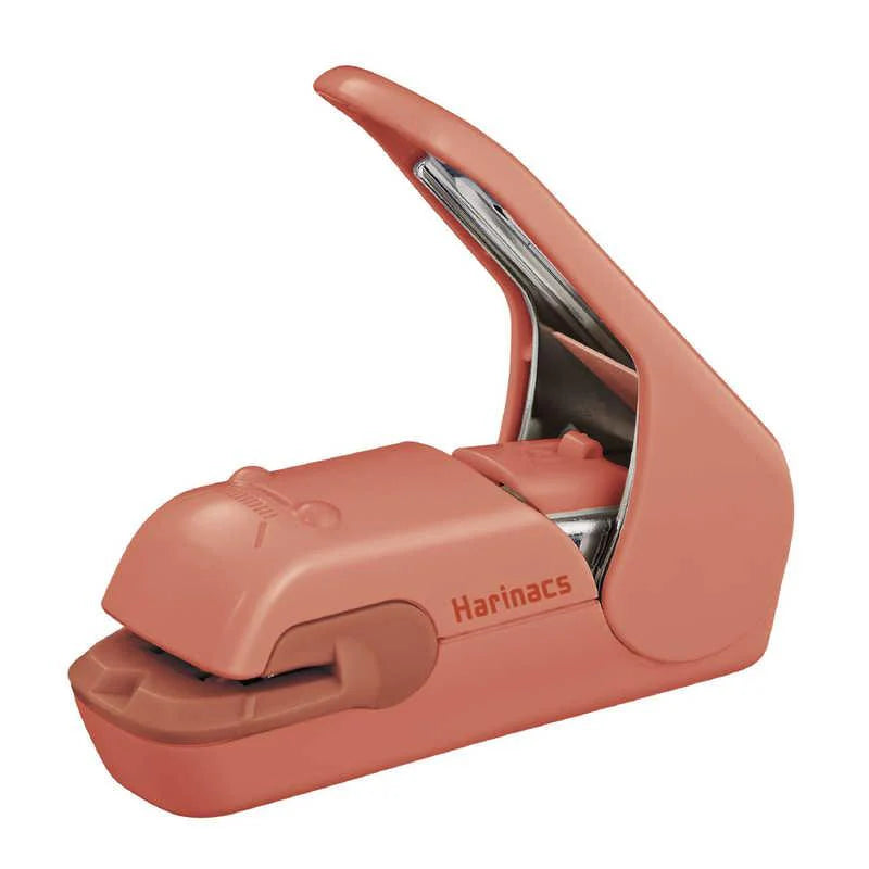 Pink stapler with 'Harinacs' branding on a white background