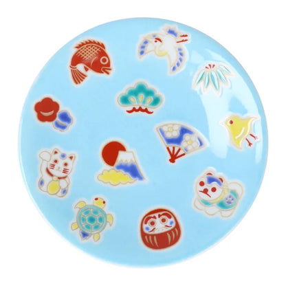 Round blue object with colorful illustrations on a white background
