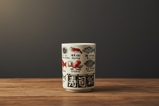 Ceramic mug with fish illustrations and text on a wooden surface and dark background