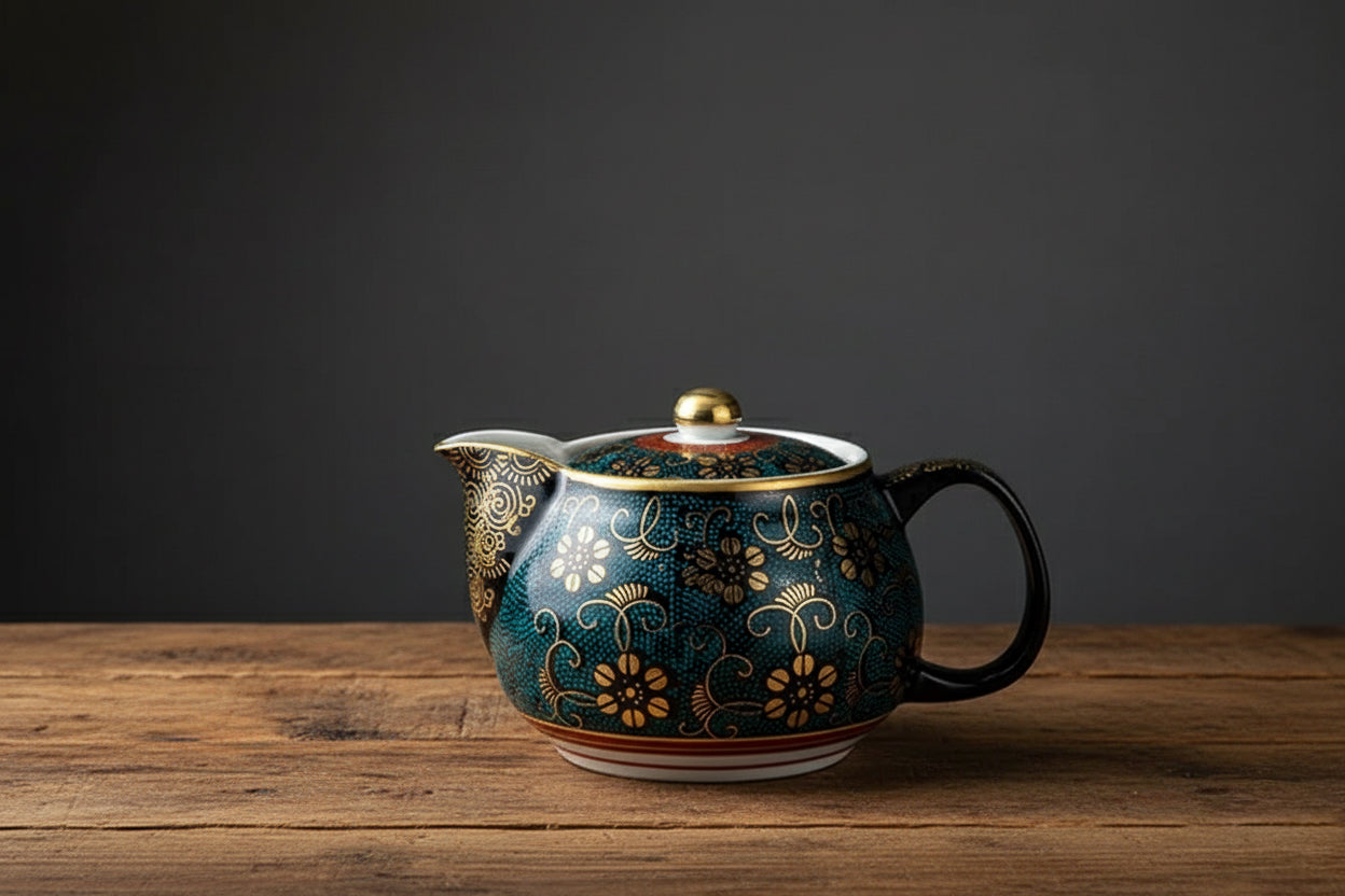 Decorative teapot with floral patterns on a wooden surface and dark background