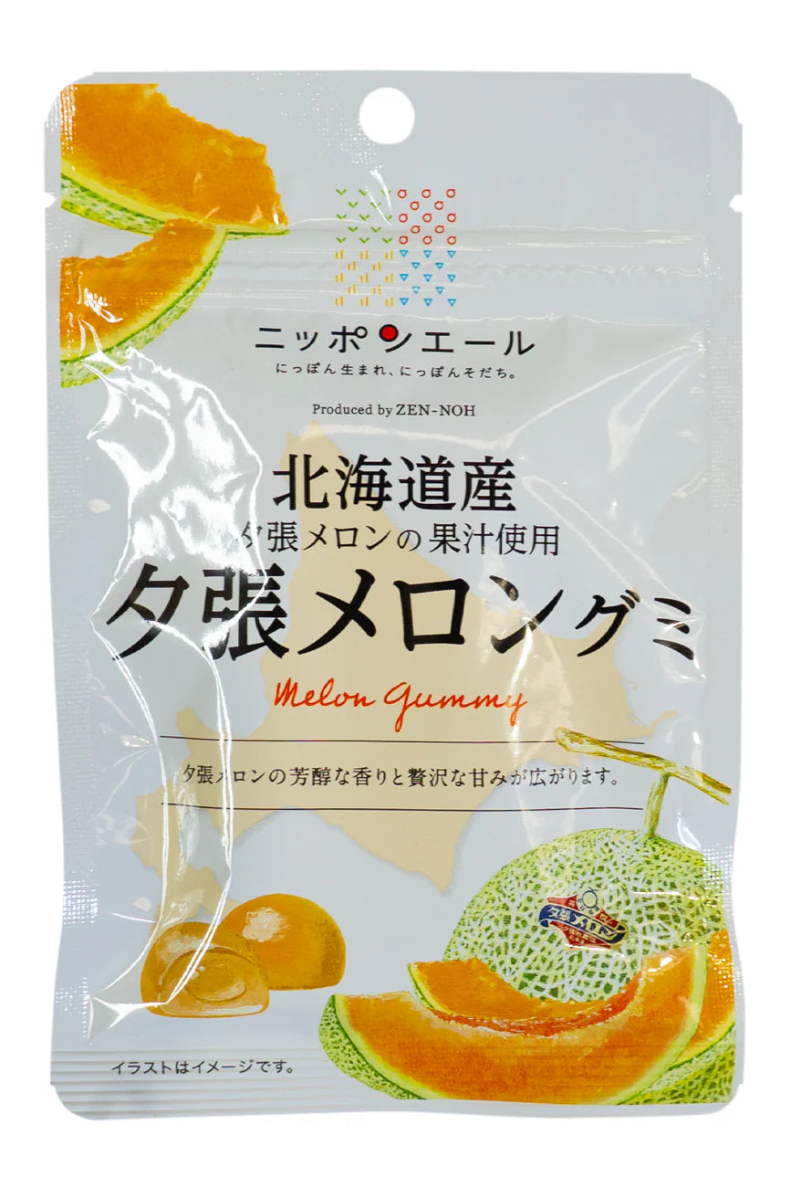Packaging of melon gummies with Japanese text and images of melons on a white background