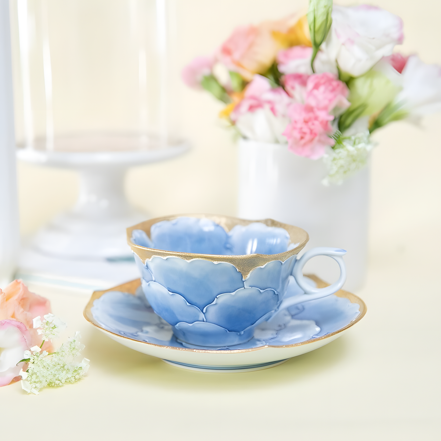 Arita Ware Bunzan Cup & Saucer Set - Hand-Painted Blue Peony with Gold Accents - handmade Japanese ceramic