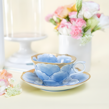 Arita Ware Bunzan Cup & Saucer Set - Hand-Painted Blue Peony with Gold Accents - handmade Japanese ceramic
