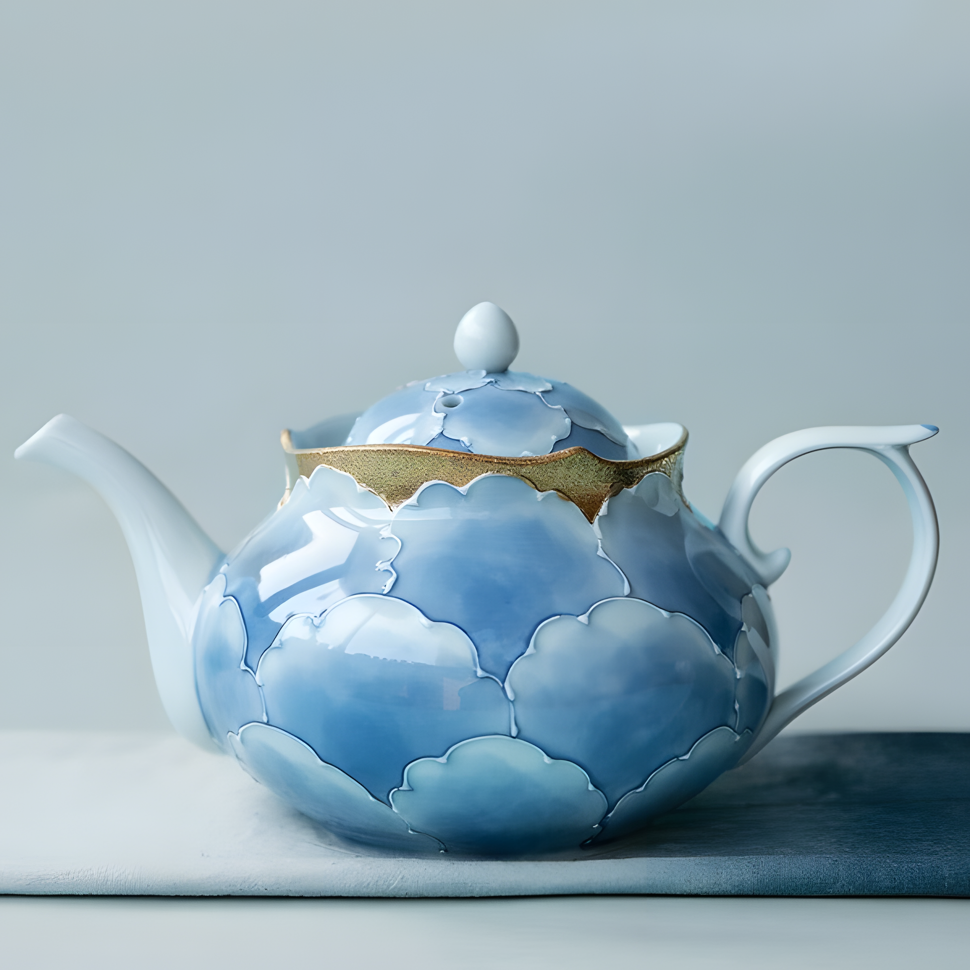 Arita Ware Bunzan Teapot - Hand-Painted Blue Peony with Gold Accents - handmade Japanese ceramic