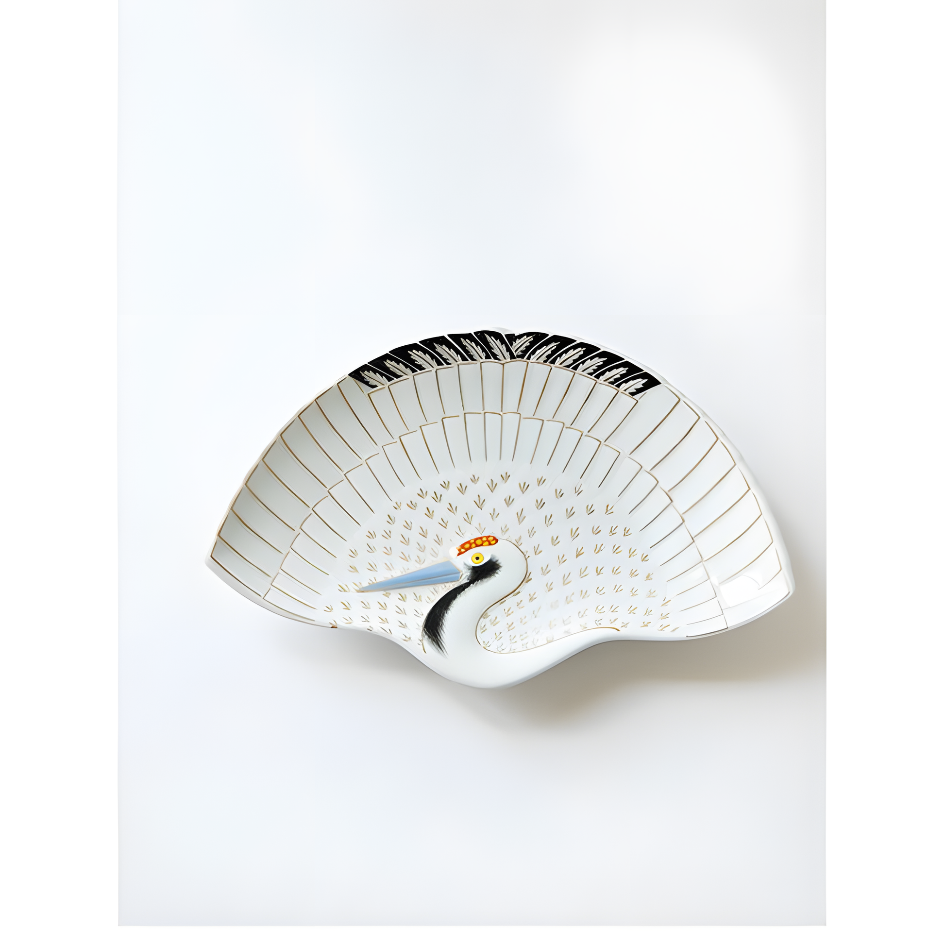 Arita Ware Fan-Shaped Plate - Crane Design - handmade Japanese ceramic