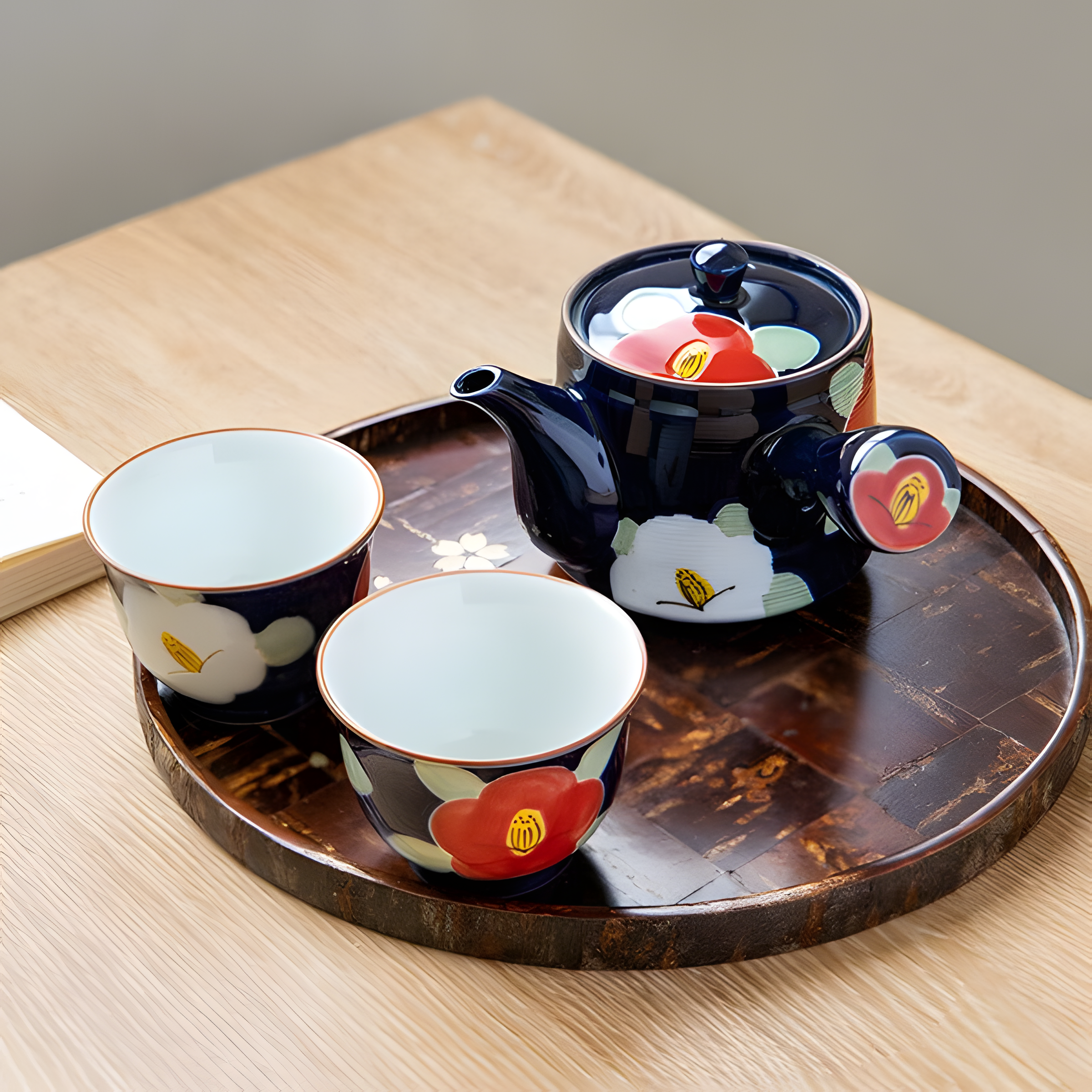 Arita Ware Tea Set - Kyusu Teapot & Sencha Cups in Camellia Design (3pcs) - handmade Japanese ceramic