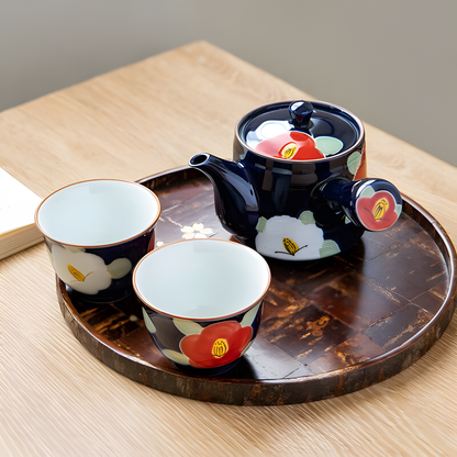 Arita Ware Tea Set - Kyusu Teapot & Sencha Cups in Camellia Design (3pcs) - handmade Japanese ceramic