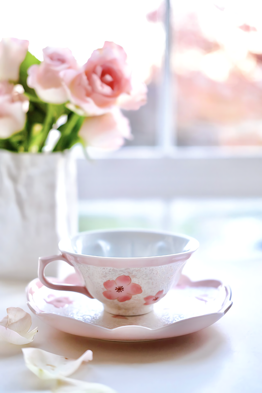 Arita Ware Teacup & Saucer Set - Pink Sakura (Cherry Blossom) Design - handmade Japanese ceramic
