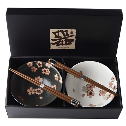 Bowl & Chopsticks Set – Cherry Blossom (Sakura) Design - handmade Japanese ceramic
