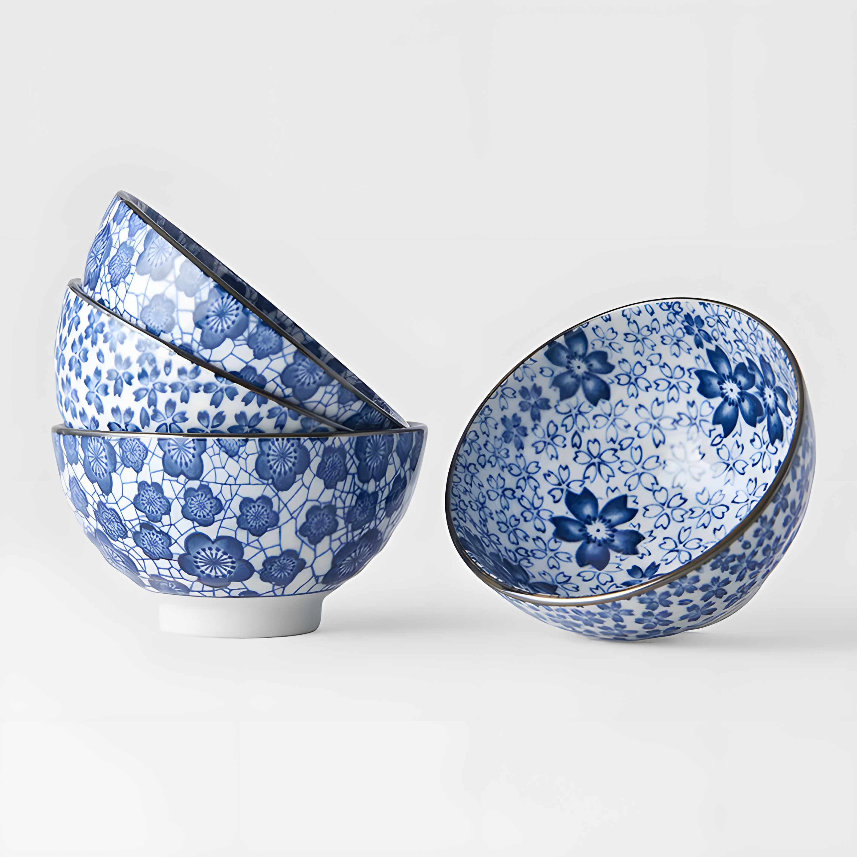 Bowl Set – Blue Plum & Cherry Blossom Design (4pcs) - handmade Japanese ceramic