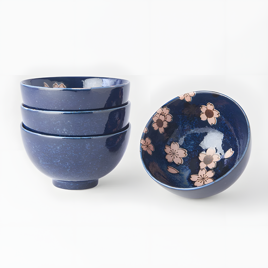 Mino Ware Bowl Set – Navy Pink Cherry Blossom (Sakura) Design (4pcs) - handmade Japanese ceramic