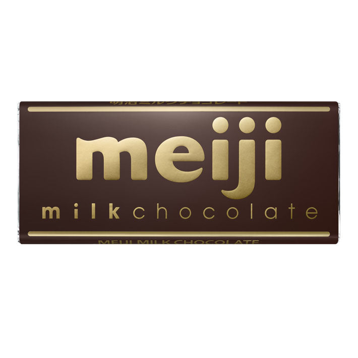 Meiji milk chocolate bar packaging with gold text on a brown background