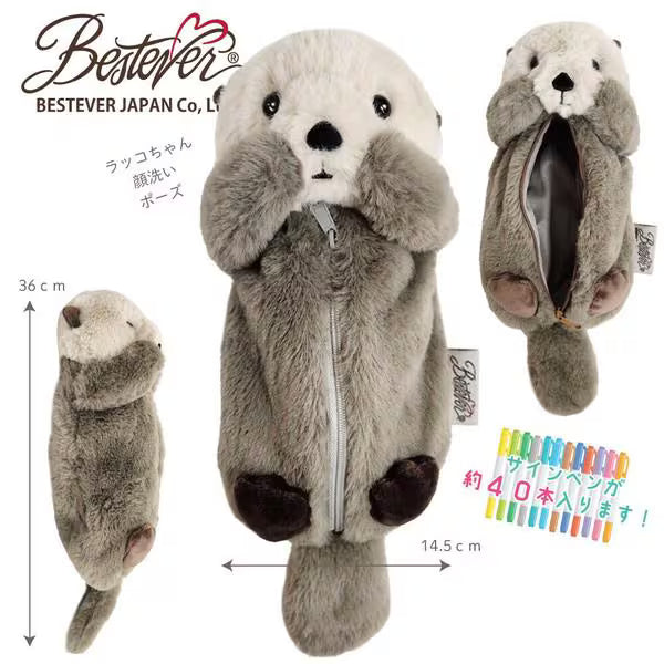 Plush otter toy with measurements and product details on a white background