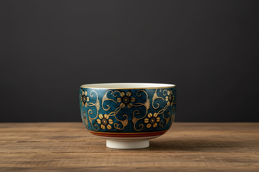 Kutani Ware Aochibu Matcha Bowl - Tessen and Blue Dots Design | 抹茶碗 青粒鉄仙 - handmade Japanese ceramic