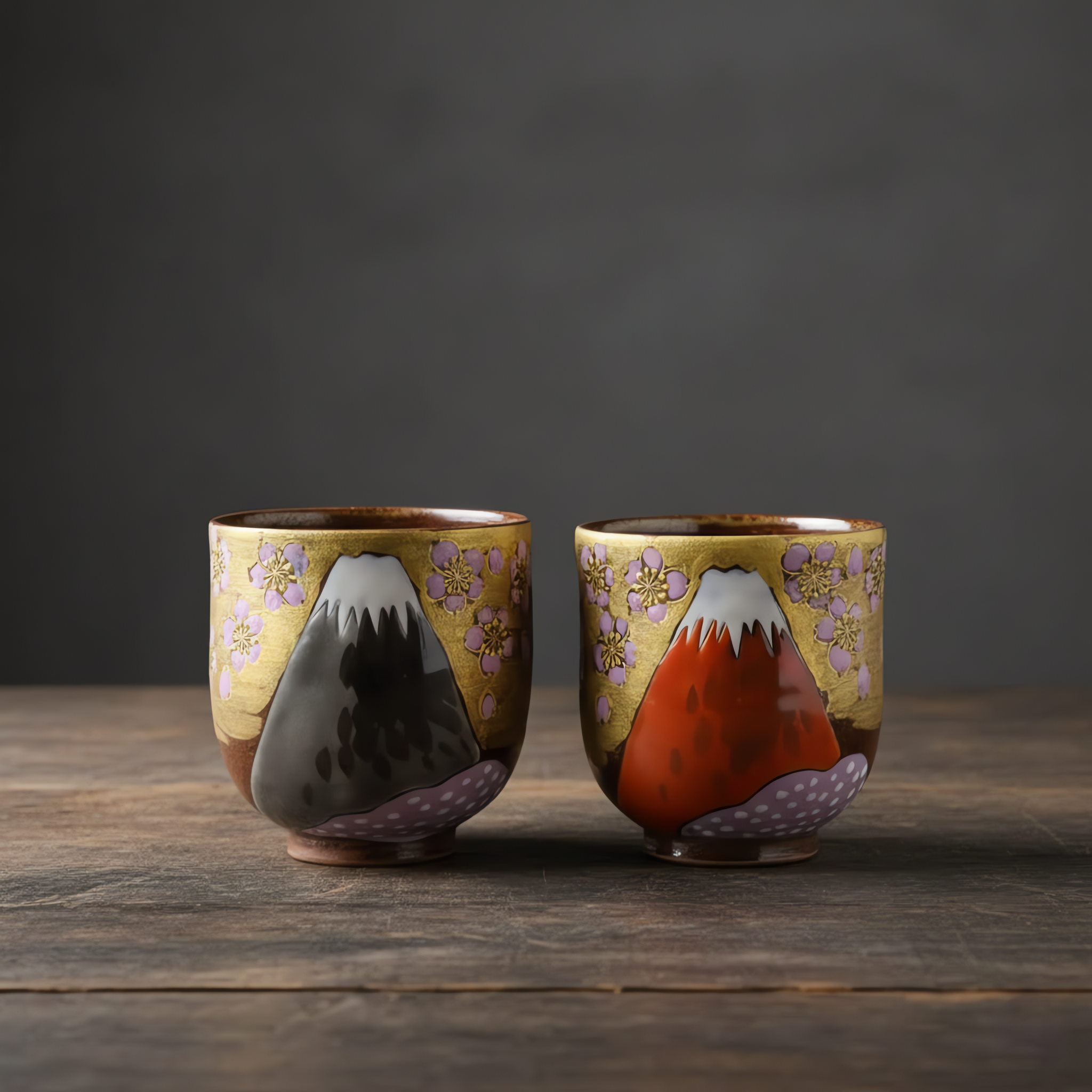 Kutani Ware Couple Teacups Set of 2 - Golden Clouds, Cherry Blossoms and Mt. Fuji Design / 九谷焼 ペア湯呑セット 2個 金雲＆桜＆富士山デザイン