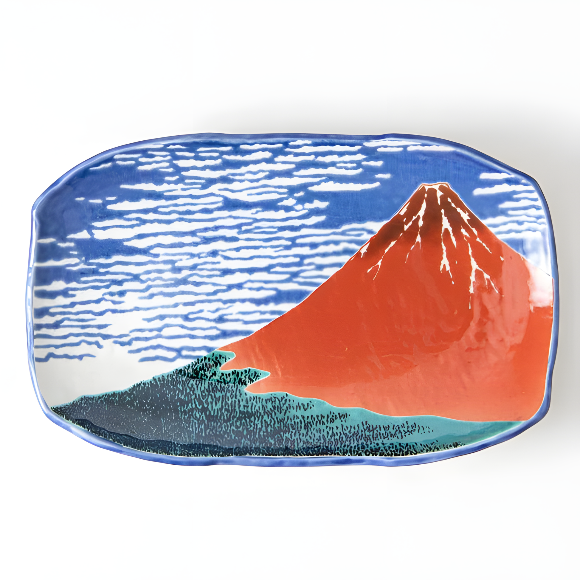 Kutani Ware Hokusai Red Fuji Platter - handmade Japanese ceramic