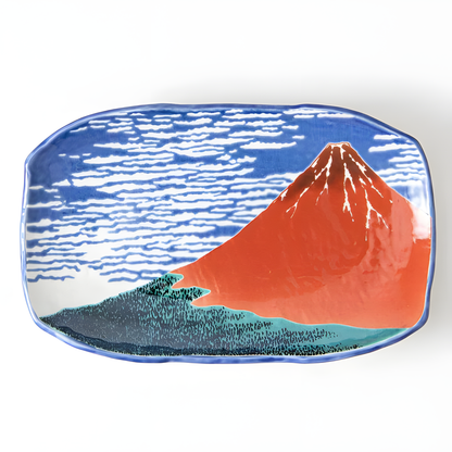 Kutani Ware Hokusai Red Fuji Platter - handmade Japanese ceramic