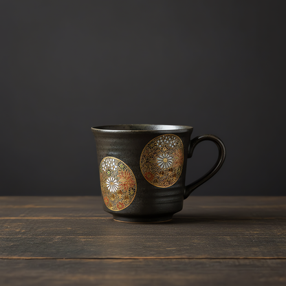 Kutani Ware ceramic mug with floral patterns on a white background