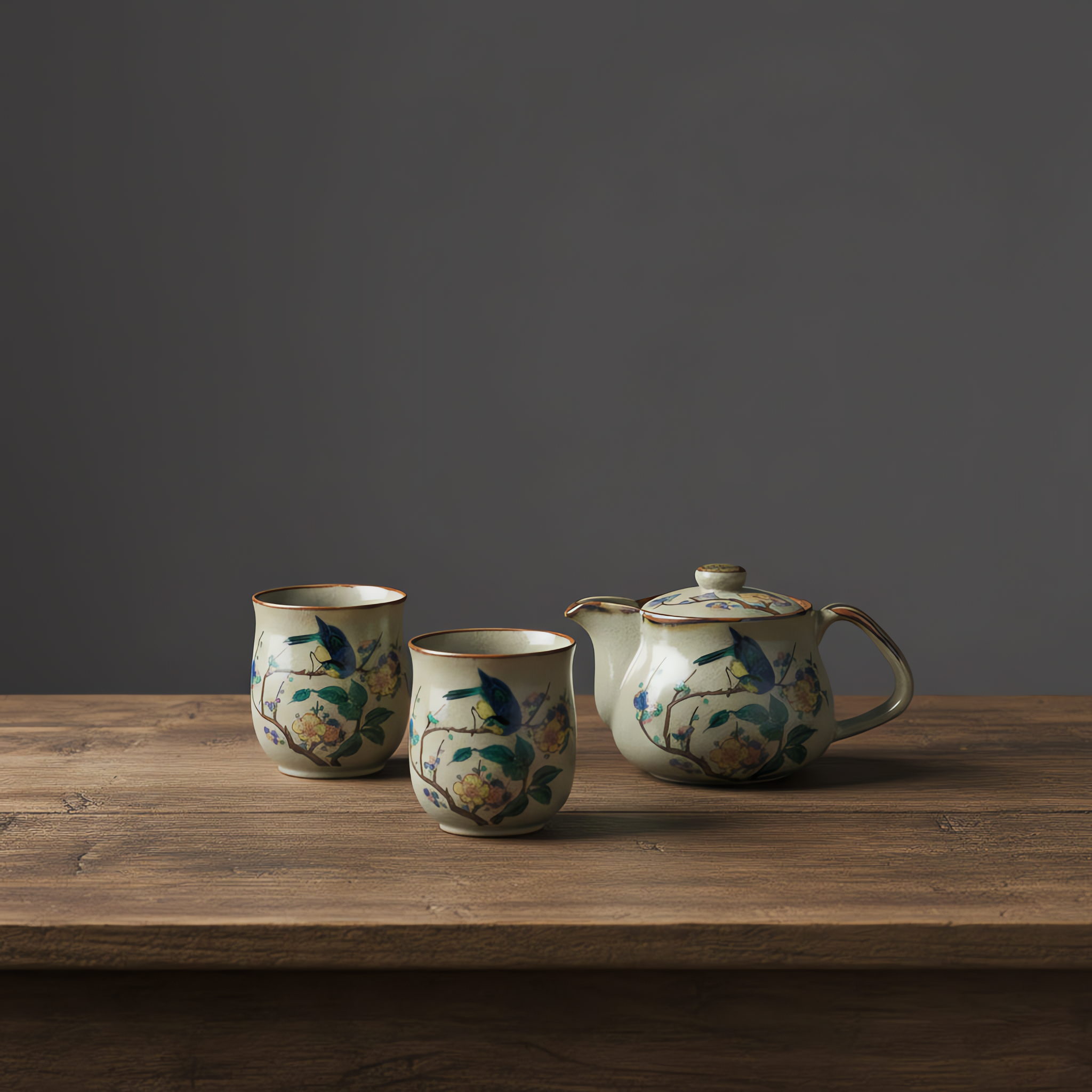 Kutani Ware Tea Set - Flower & Bird Design / 九谷焼 茶器セット 花鳥デザイン