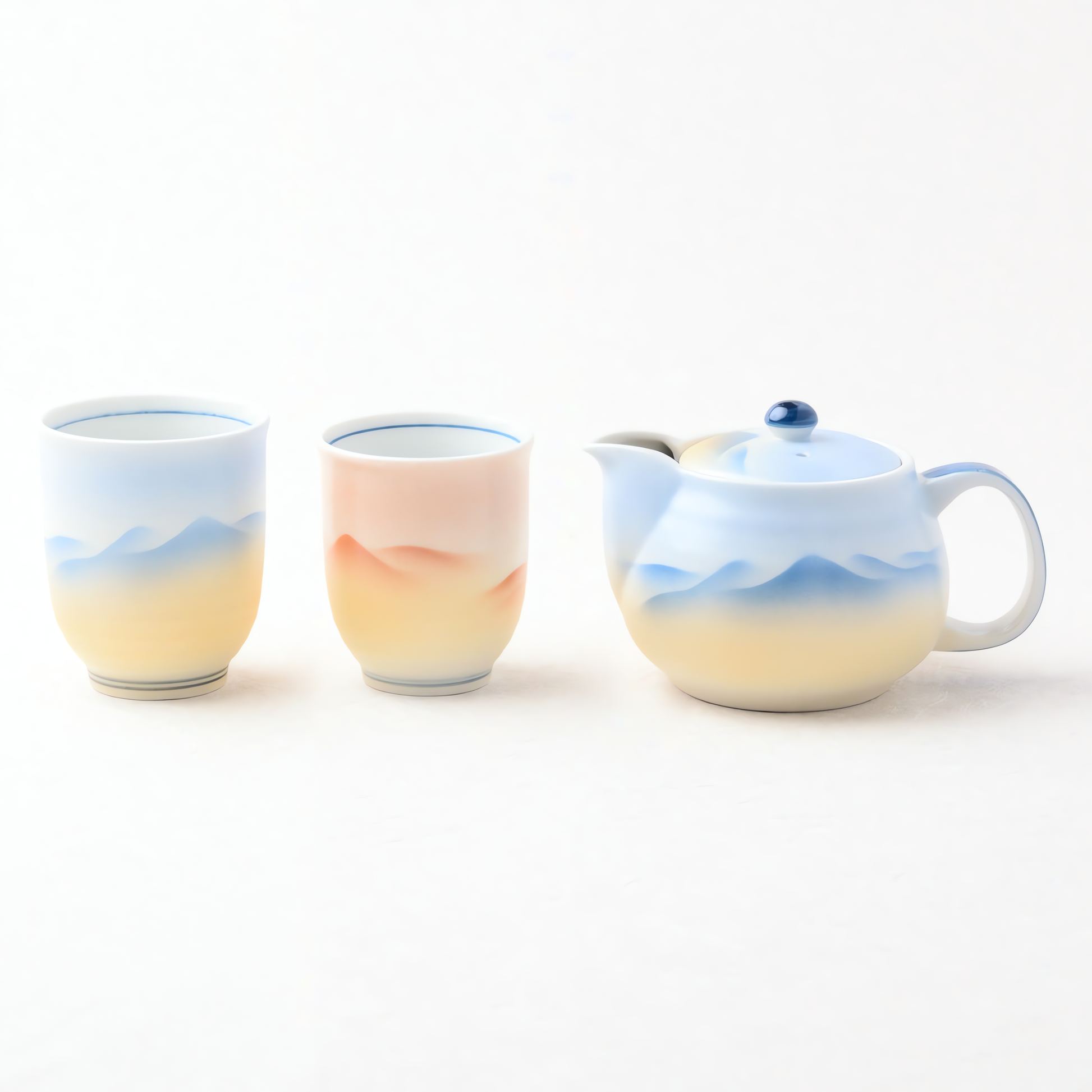 Kutani Ware Tea Set - Sansui (Landscape) Design | くつろぎ揃 山水 (網付) - Japanese tea