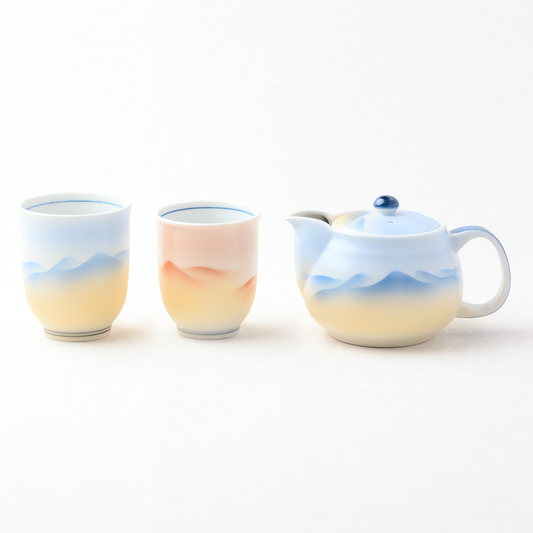 Kutani Ware Tea Set - Sansui (Landscape) Design | くつろぎ揃 山水 (網付) - Japanese tea