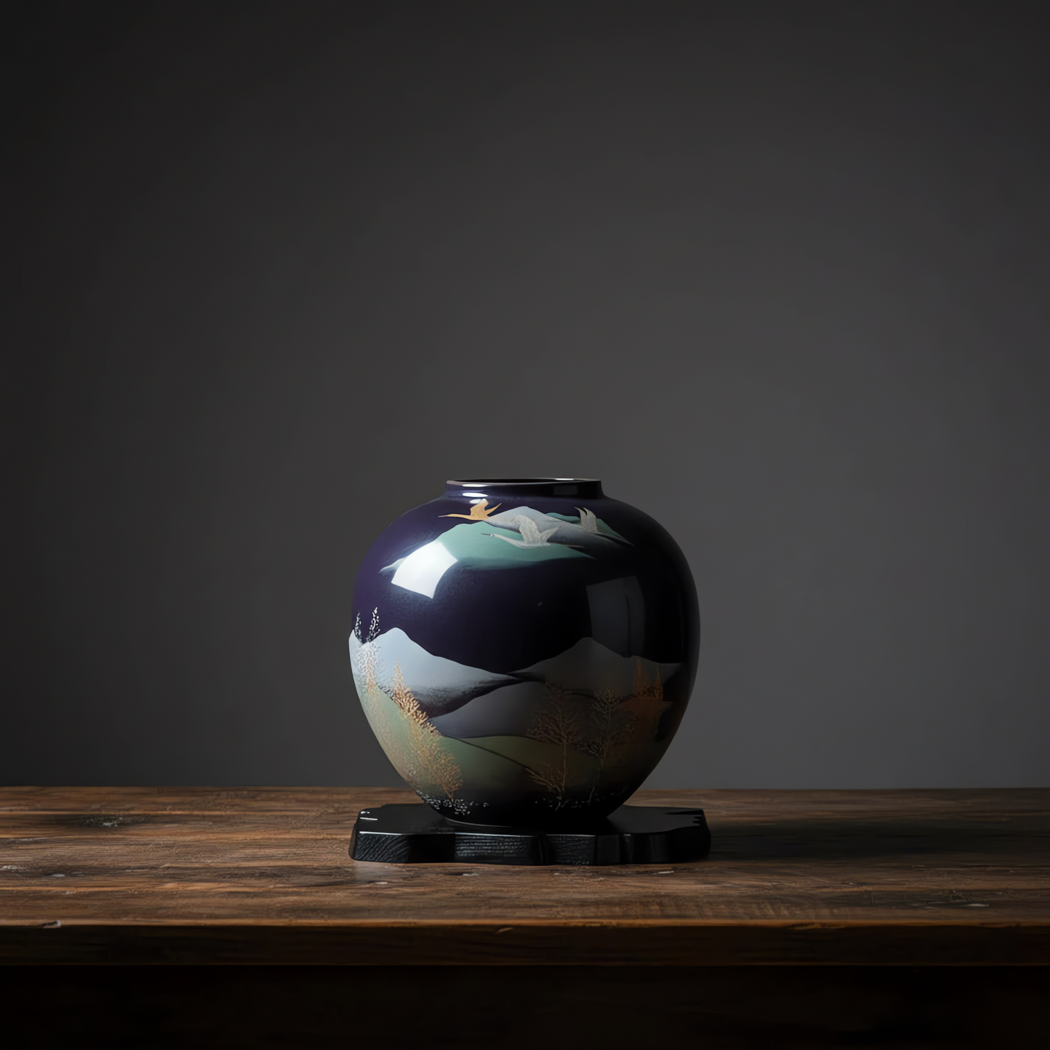 Kutani Ware Vase with Stand - Tsurugidate Mountain Range with Cranes Design / 九谷焼 花瓶 台付き 剣岳山稜＆鶴デザイン