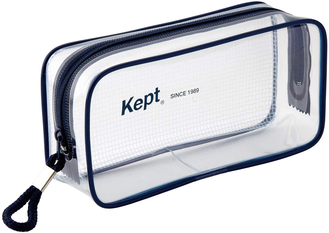 Clear pouch with navy zipper and 'Kept' branding on a white background