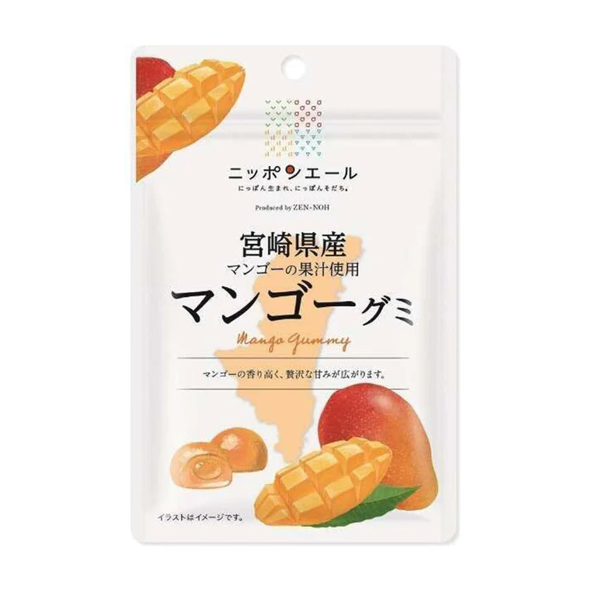 Mango gummy package with Japanese text and mango illustrations on a white background