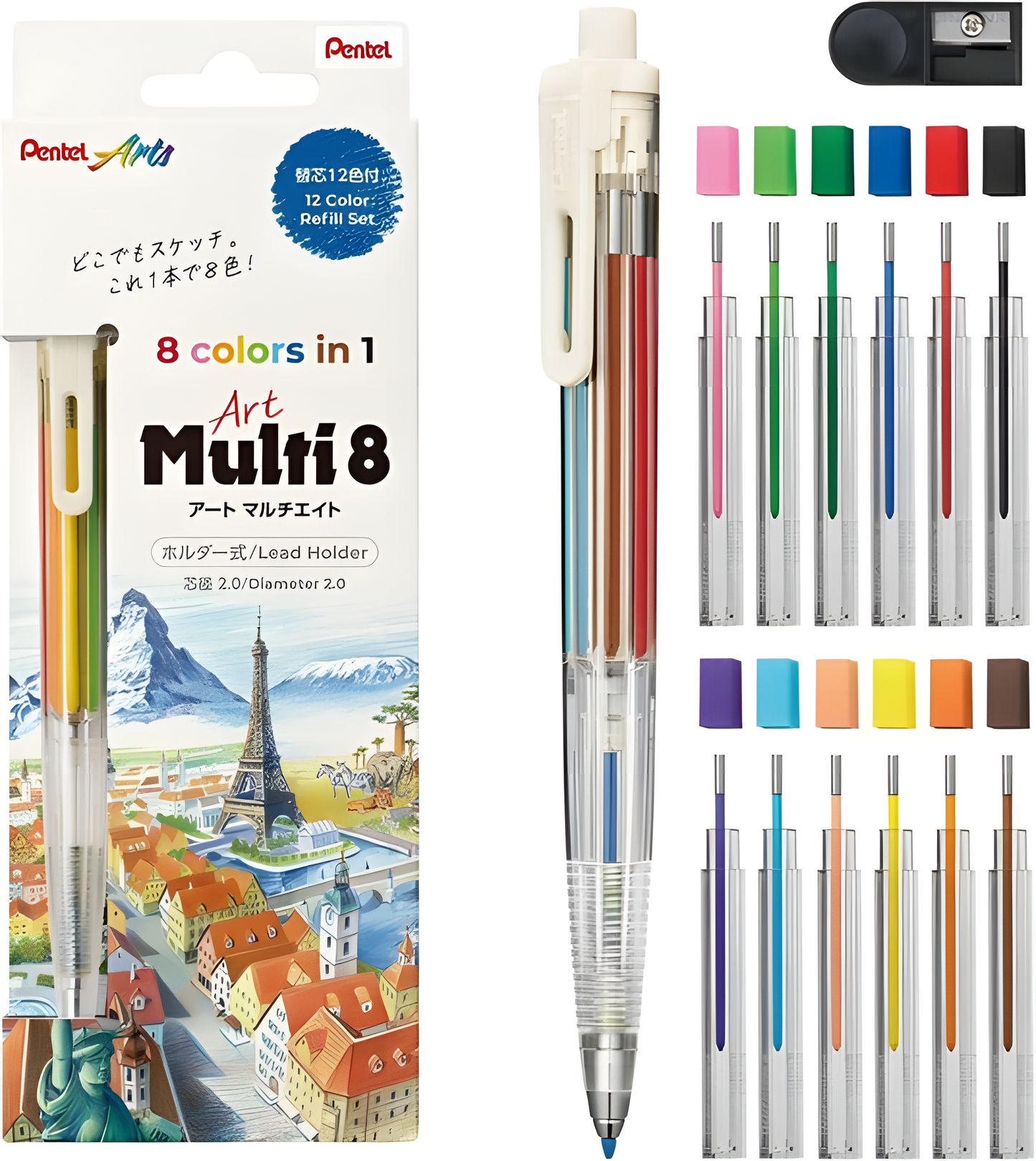 Pentel Art Multi 8 Mechanical Colored Pencil with 12 Color Lead Refills