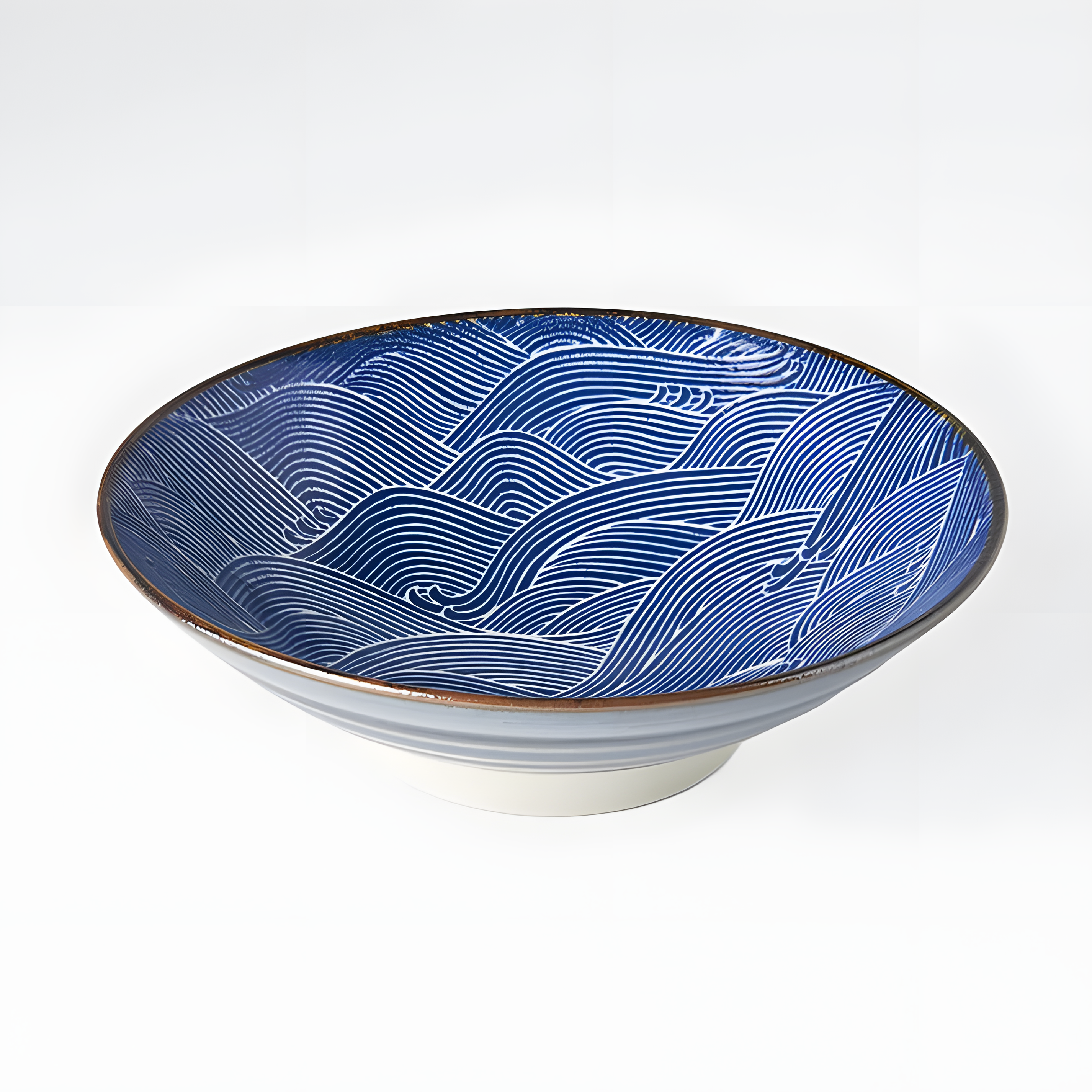 Ramen Bowl 24.5cm - Blue Aranami Wave Design - handmade Japanese ceramic
