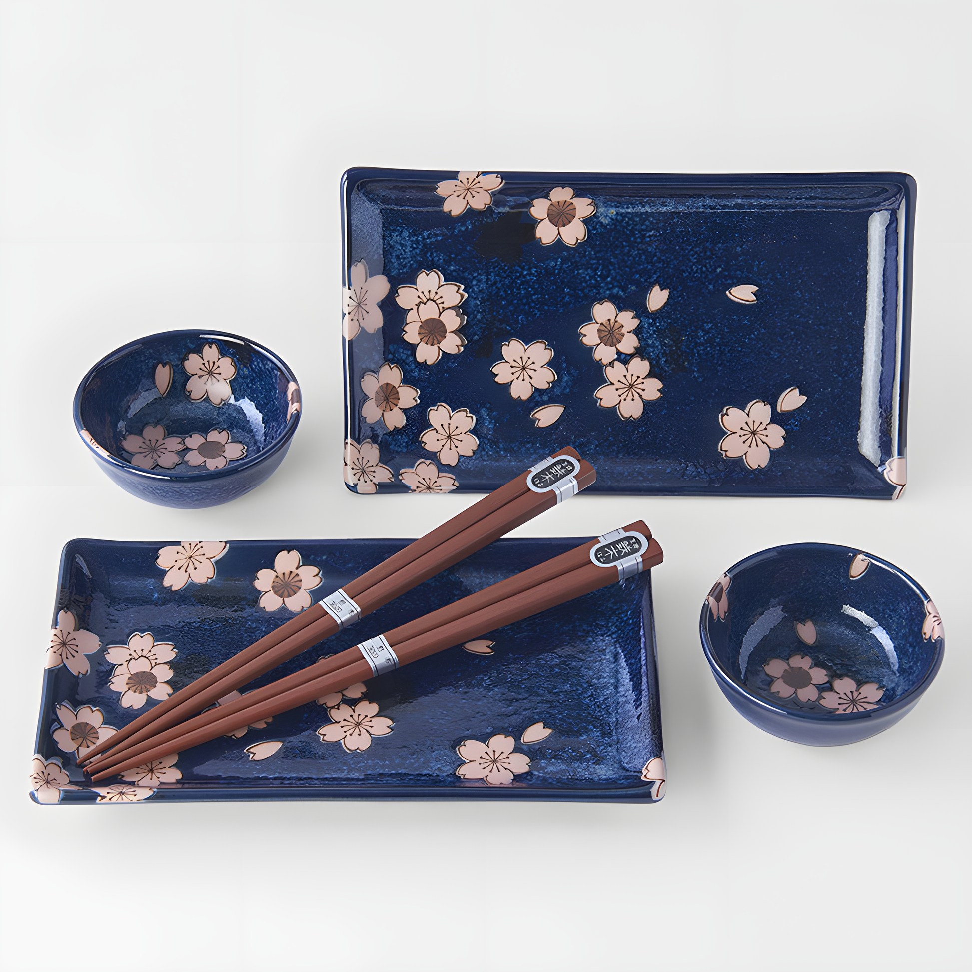 Sushi Set for Two with Matching Chopsticks - Navy Pink Cherry Blossom Design