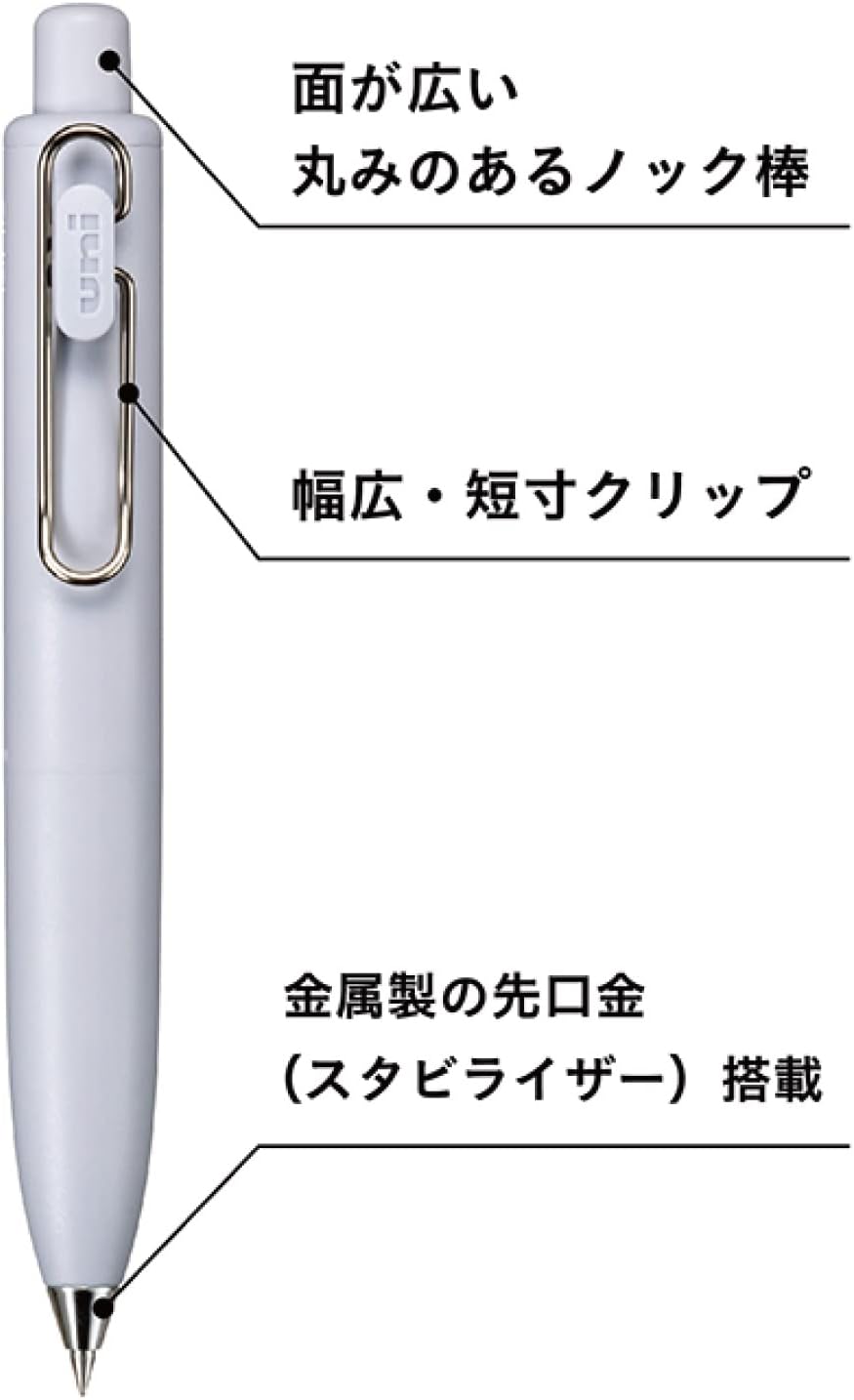White pen with labeled features on a white background