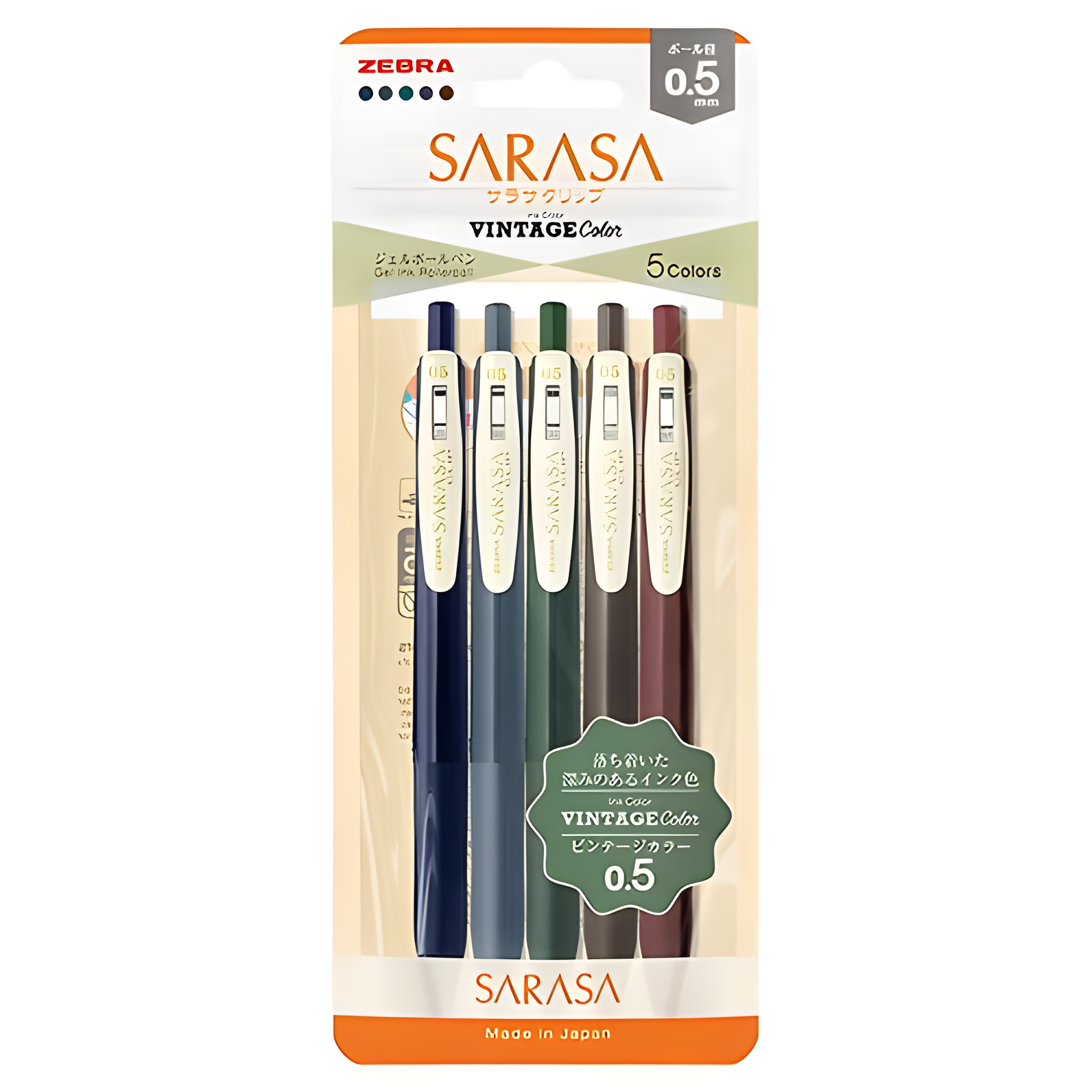 Zebra Sarasa Clip 0.5 Retractable Gel Ink Pen 5 color JJ15-5C-VI